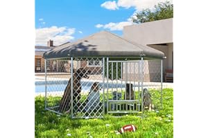 Erinnyees 9'x8'x6' Outdoor Dog Kennel with Roof, Dog Kennel Outside with Rotatable Dog Bowls, Large Dog House Pen Enclosure with Secure Lock and Metal Gate, Sliver