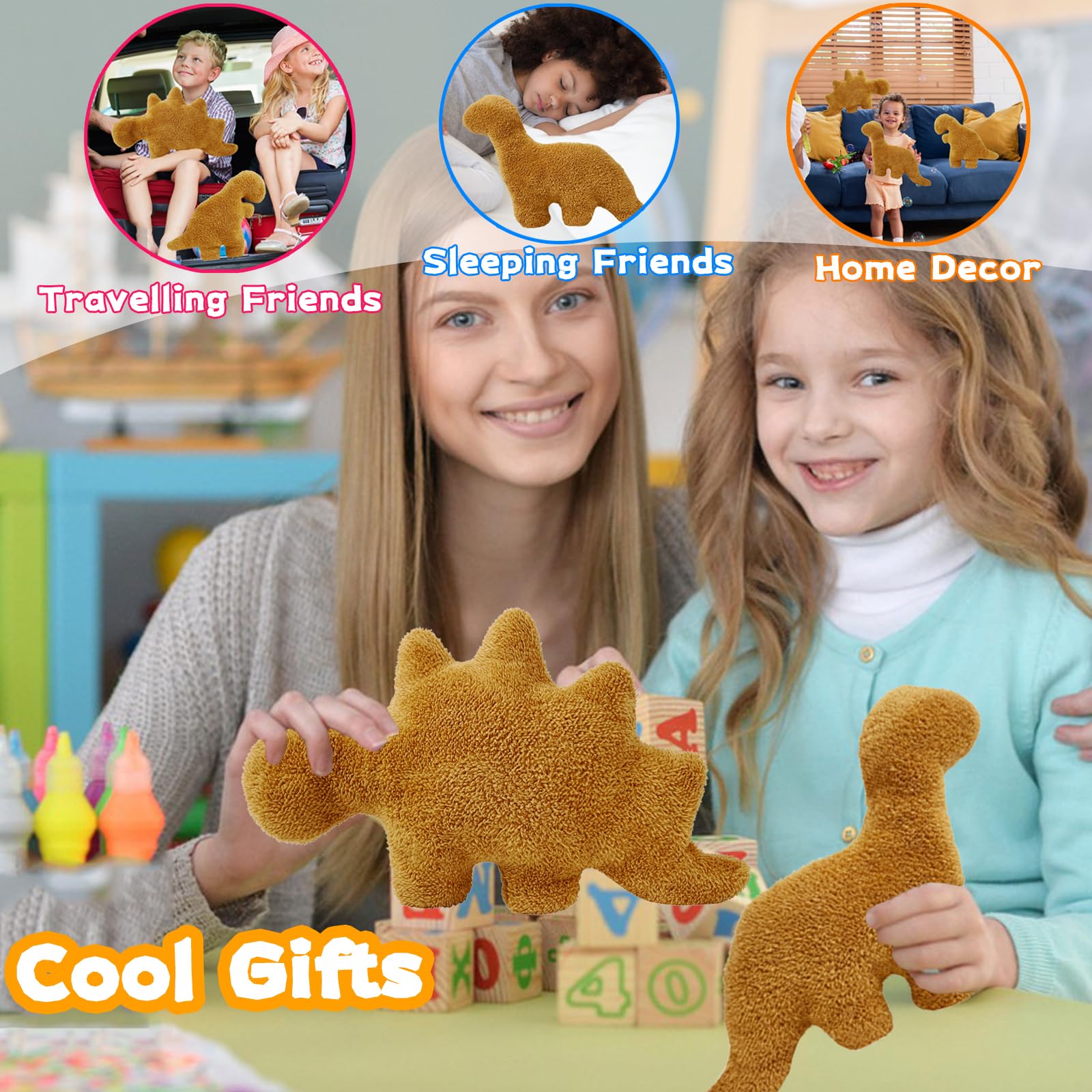 Isaacalyx 2 Pack Dino Nugget Pillow Plush, Soft Dinosaur Chicken Nuggets Pillow for Birthday Gifts, Dinosaur Theme Party Decorations (2 Packs Dino)