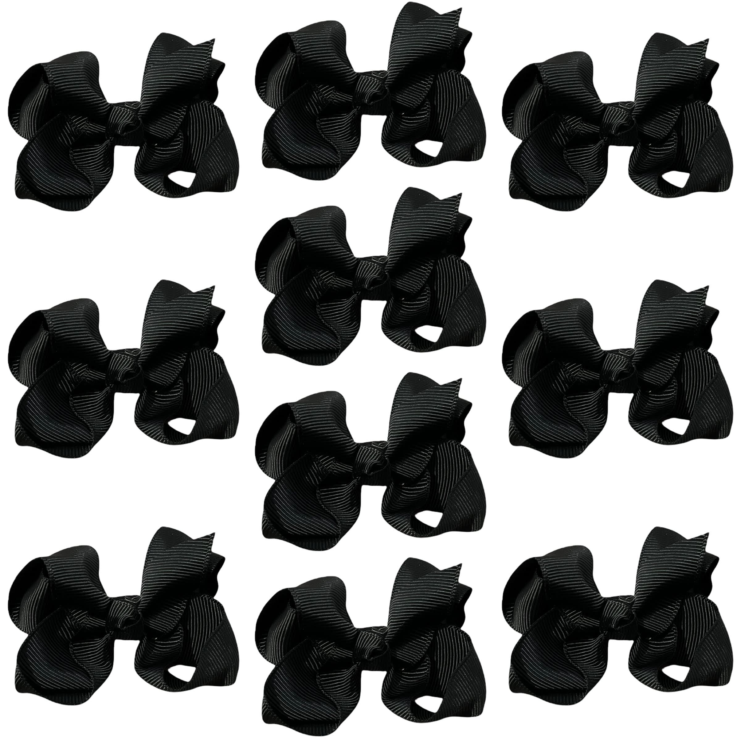 10pk Black Hair Bows Knots Clips Slides Grips 3" Inch 7.6cm Solid Colour Girls School Hairbow Accessories