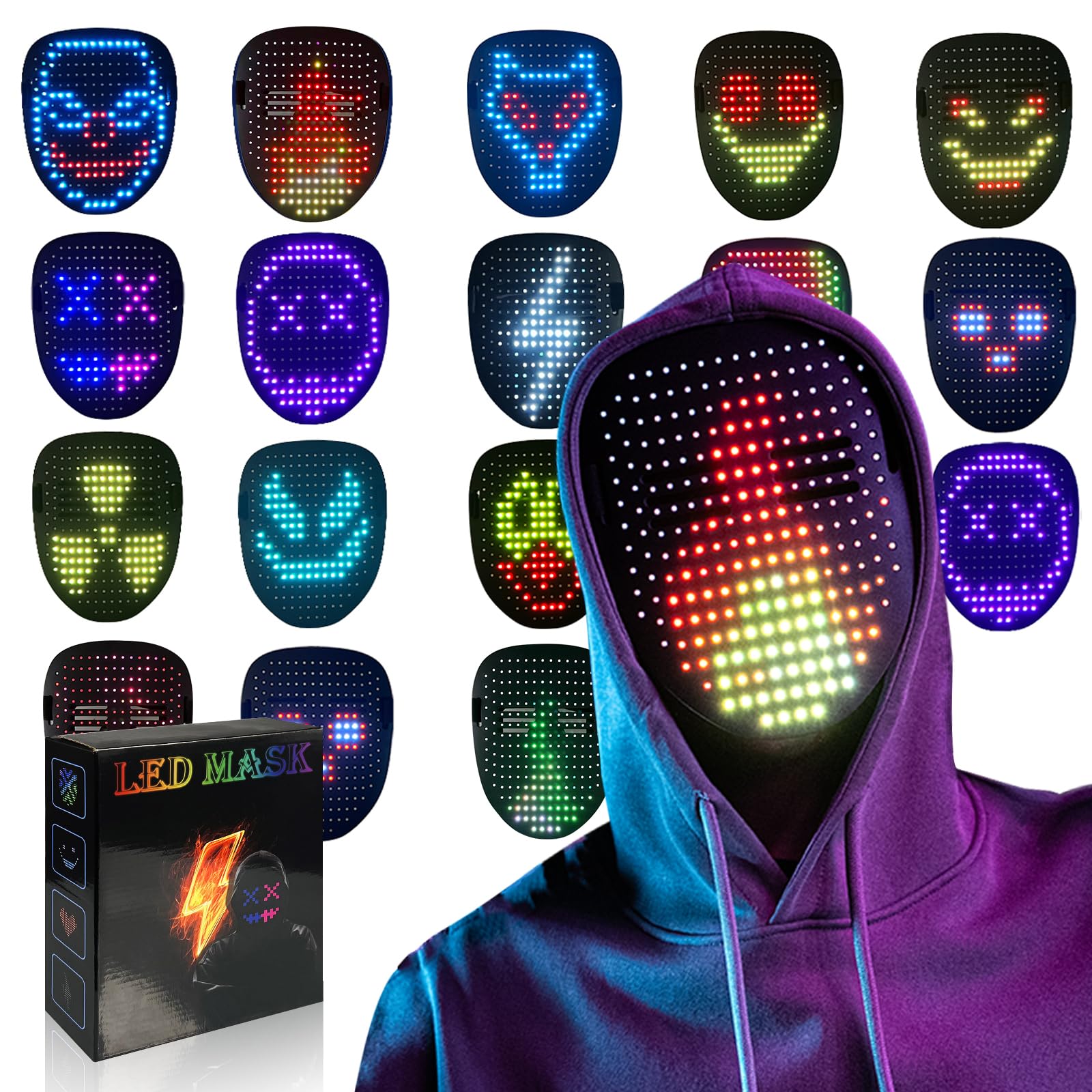 COOLGUARDER Led Mask with Gesture Sensing, Light up Face Transforming Mask for Halloween Xmas Costume Party