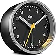 Braun Classic Analogue Alarm Clock with Snooze and Light, Quiet Quartz Movement, Crescendo Beep Alarm in Black and Silver, Model BC12SB.