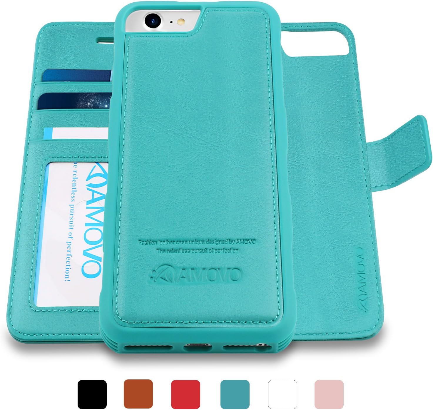AMOVO Case for iPhone 8 [2 in 1], iPhone 8 Wallet Case [Detachable Folio] Premium Vegan Leather Case for iPhone 8/iPhone 7/iPhone 6 (iPhone 8/7/6 (4.7") Aqua)