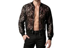 SEAUR Men's Sheer Bomber Jacket Lace Long Sleeve Floral Shirt Zipper See Through Outerwear Disco Nightwear