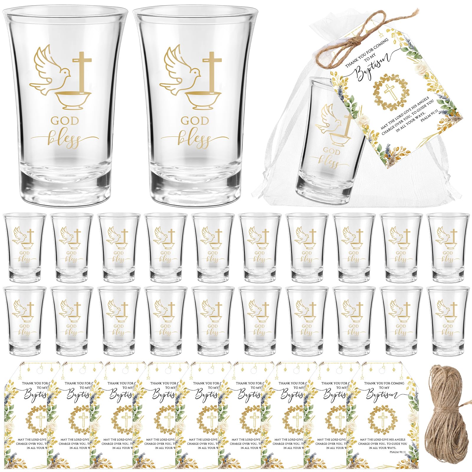 Photo 1 of Roshtia 50 Sets Baptism Favors for Guests God Bless Shot Glasses with Thank You Tags and Bags Baptism Favors First Communion Christening Gifts Baby Shower Party Decorations