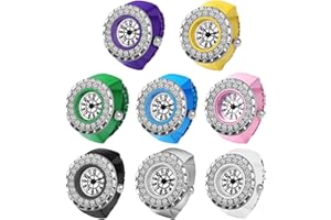 Lancardo Ring Watch for Women and Men Analog Quartz Watch Arabic Numerals Dial Elastic Band Bling Rhinestone Colorful Stretch Band Finger Watch Christmas