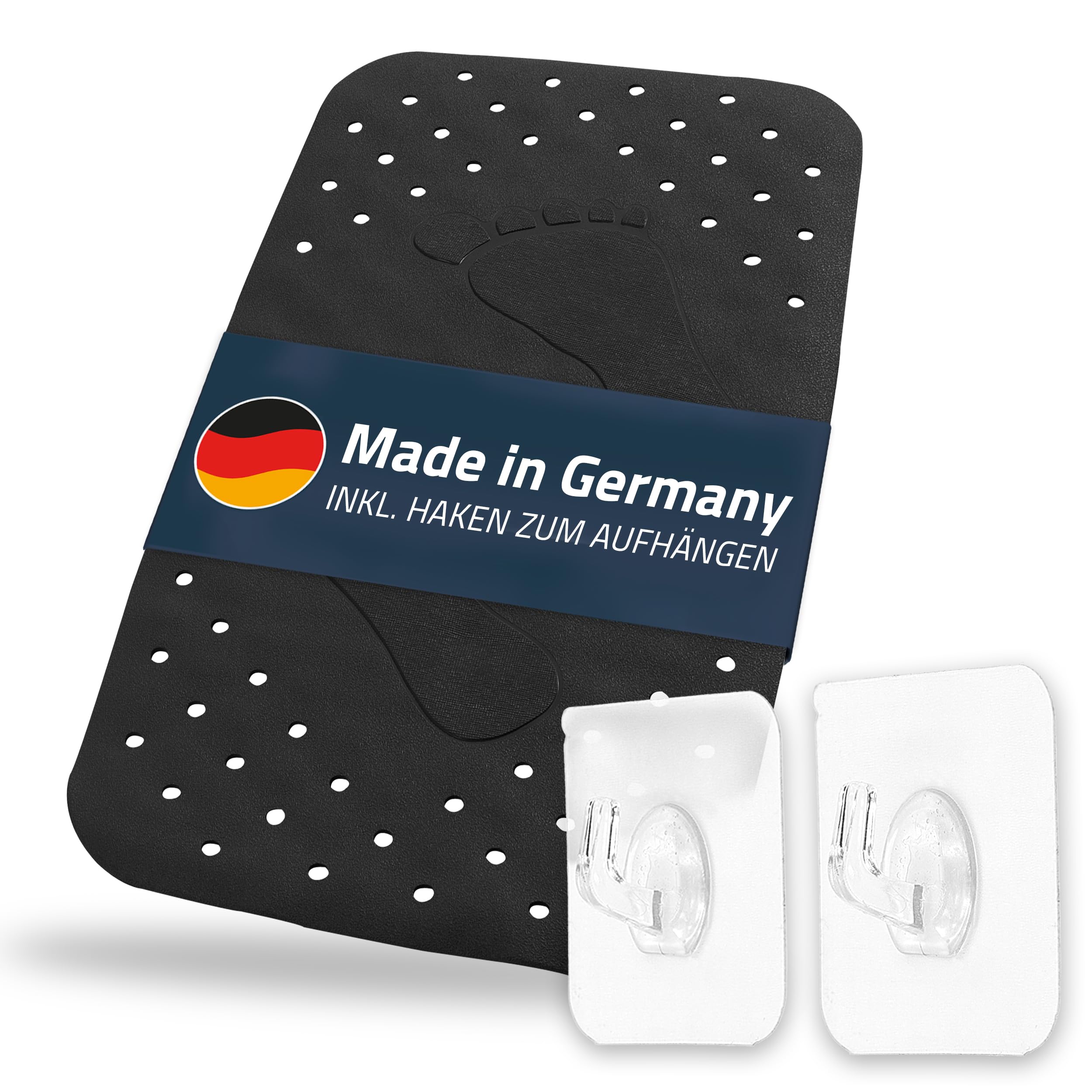Step Bath Mat Approx. 38 x 72 cm, Black, 100% TPE | Includes 2 Hooks | Free from PVC, Phthalates, Lead, Latex | TÜV Tested | Made in Germany