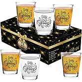 Bisyata Christmas Shot Glass Gift Set - Happy Holidays - For Thanksgiving - Glass Drinkware or Votive Candle Holder for Table Decoration - 2oz Set of 6 With Gift Box