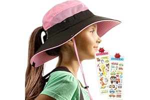 GearTOP Kids Sun Hat, Wide Brim Hat for Boys and Girls, UPF 50+, Ponytail Hole, Light Pink, Adjustable, Age 5-13, Outdoor Activities