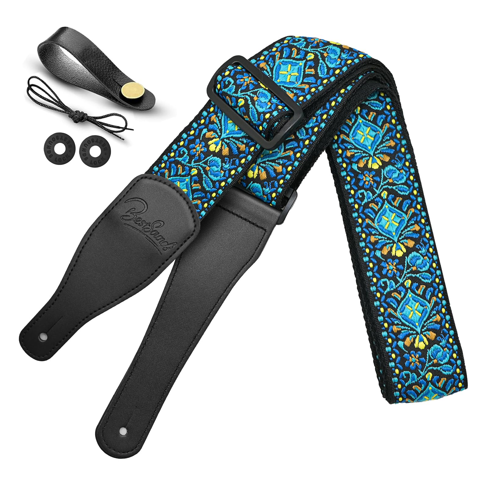 BestSounds Guitar Strap, Jacquard Embroidered Cotton Straps with Leather Ends Shoulder Strap for Bass, Acoustic, Electric Guitar (Jacquard Teal Blue)