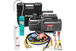 SPECSTAR 110V 1 HP 9.6CFM Dual Stage HVAC Vacuum Pump and 4 Way AC Manifold Gauge Set Kit with Leak Detector 5ft Hoses for R134a R12 R22 R502 R410a Air Conditioning Refrigeration Recharging