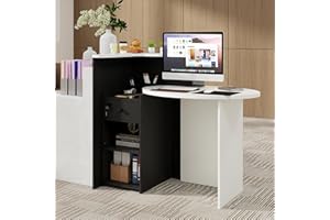 SILKYDRY Reception Desk, Small Retail Checkout Counter with Lockable Drawer and Open Shelves, Wooden Front Desk Reception Counter, Oval Desktop & L Counter for Store Office Lobby Salon (Black & White)