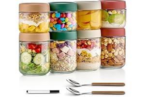 Oillase 8 Pack Overnight Oats Containers with Lids, Large & Small Glass Mason Jars 16oz & 10 oz, Breakfast Oatmeal Container 