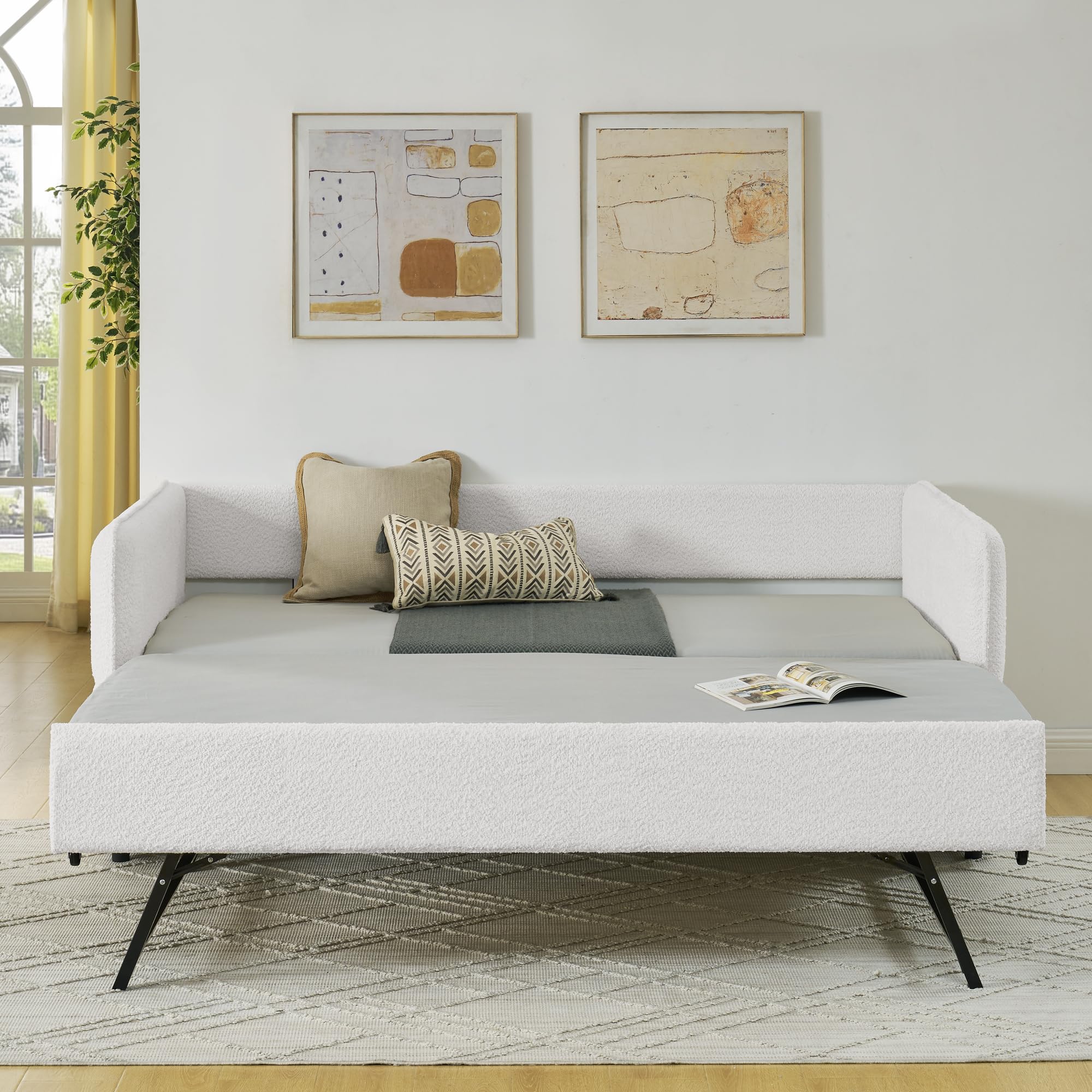 Photo 1 of KEIKI Twin Size Upholstery Tufted Daybed with Erectable Trundle, Twin to King Design Modern Extendable Boucle Sofa Bed, Easy Assembly, No Box Spring Required, for Living Room and Bedroom, Beige