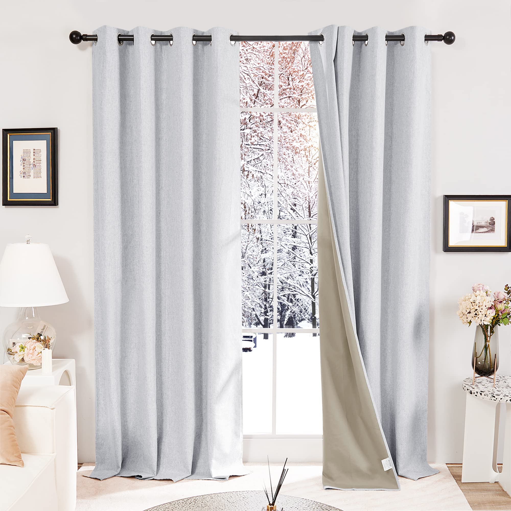 Deconovo Faux Linen Total Blackout Curtains Energy Saving Eyelet Thermal Curtains for Bedroom Grey W52 x L84 Inch One Pair