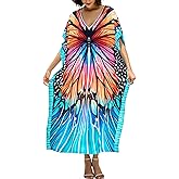 Chunoy Women Butterfly Pattern V Neck Kaftan Casual Bathing Suit Kimono Sleeve Side Split Beach Cover Up Caftan Dress