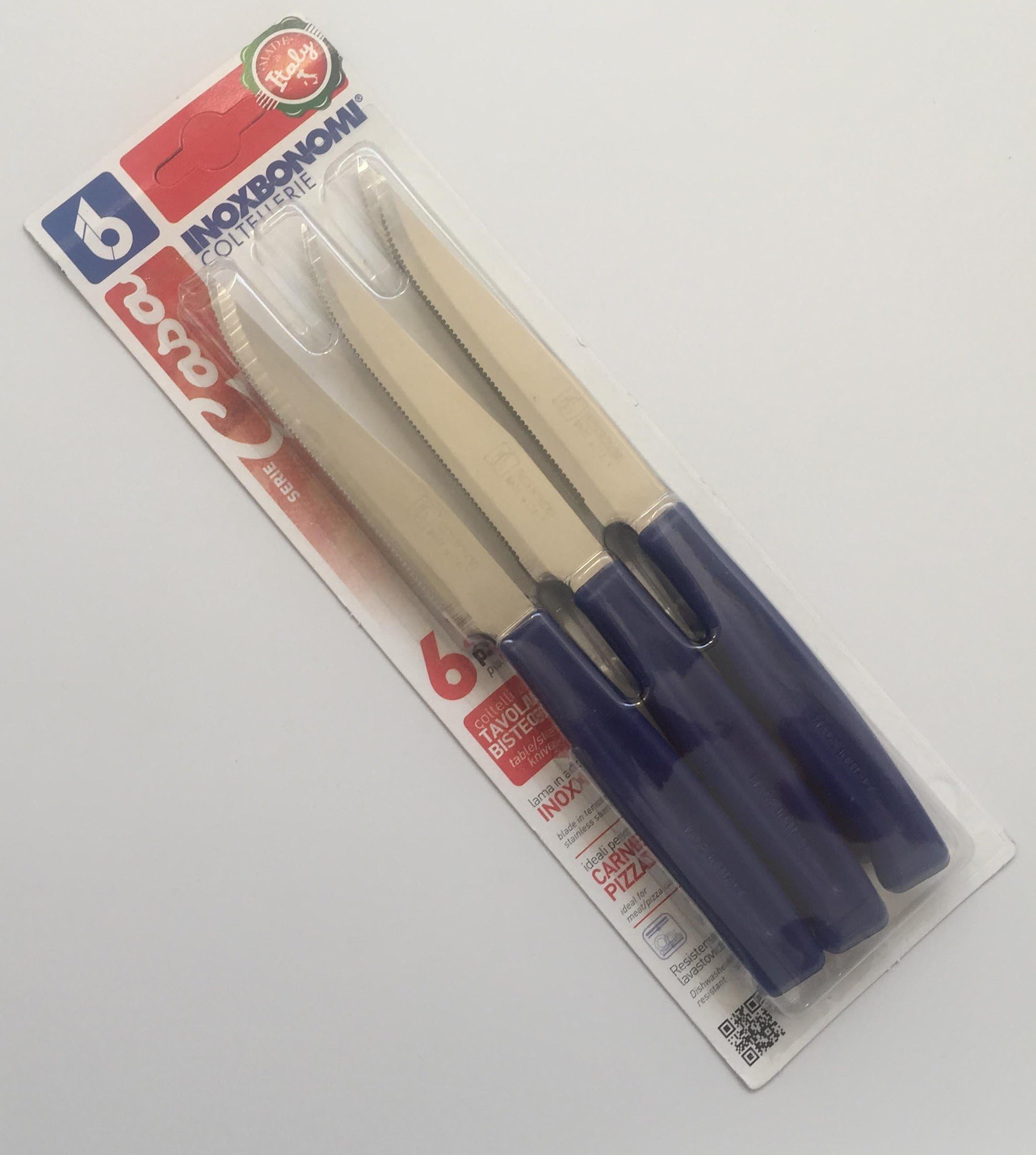 6 Steak Knives - Italian Stainless Steel Kitchen/Table (Pizza) Knife Cutlery (Blue)
