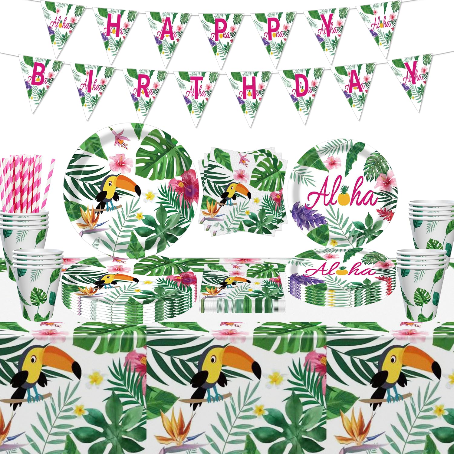 107 Pack Hawaiian Luau Party Supplies Tropical Luau Plate Set Hawaii Dinnerware Set Tropical Banner Hawaii Tablecloth Summer Themed Birthday Party Decorations Aloha Party Serves 20