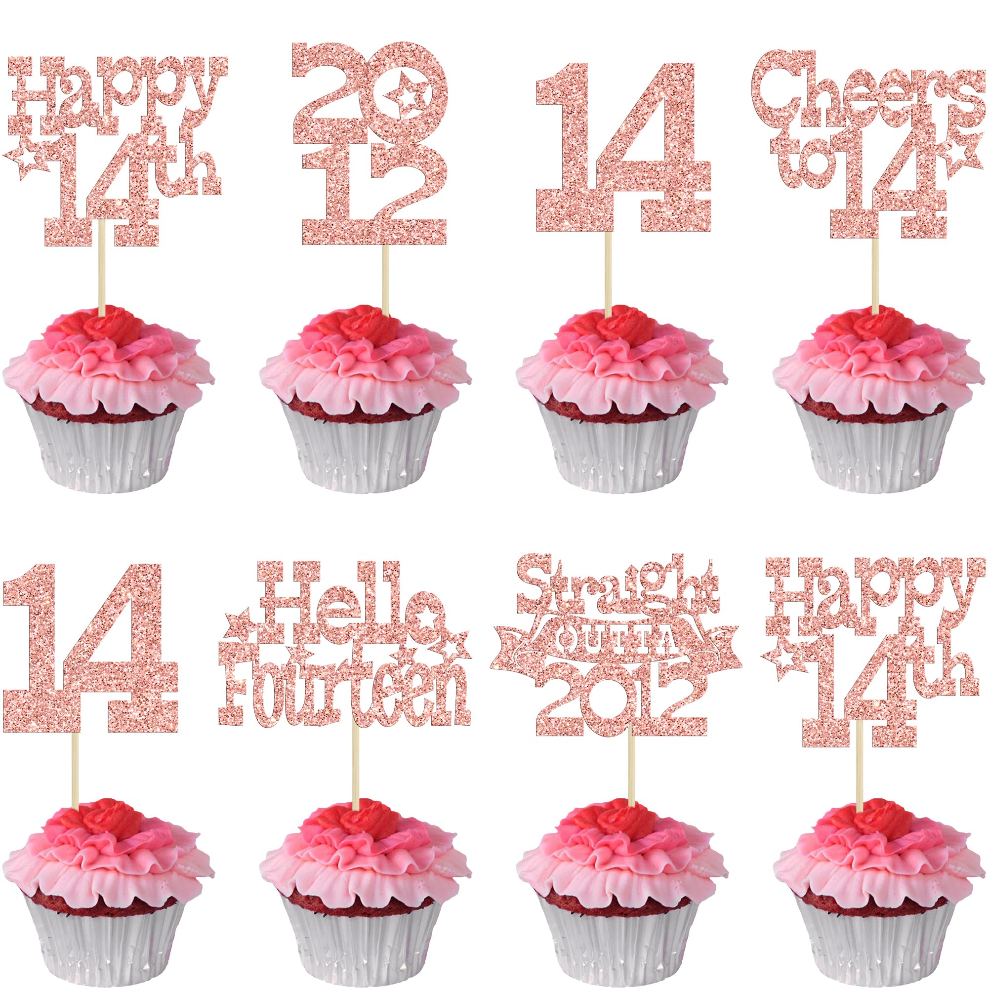 Ephlyn 30Pcs Happy 14th Birthday Cupcake Toppers Glitter Fourteen Straight Outta 2012 Cupcake Picks Cheers to 14 Years Cake Decorations for 14th Birthday Anniversary Party Supplies Rose Gold