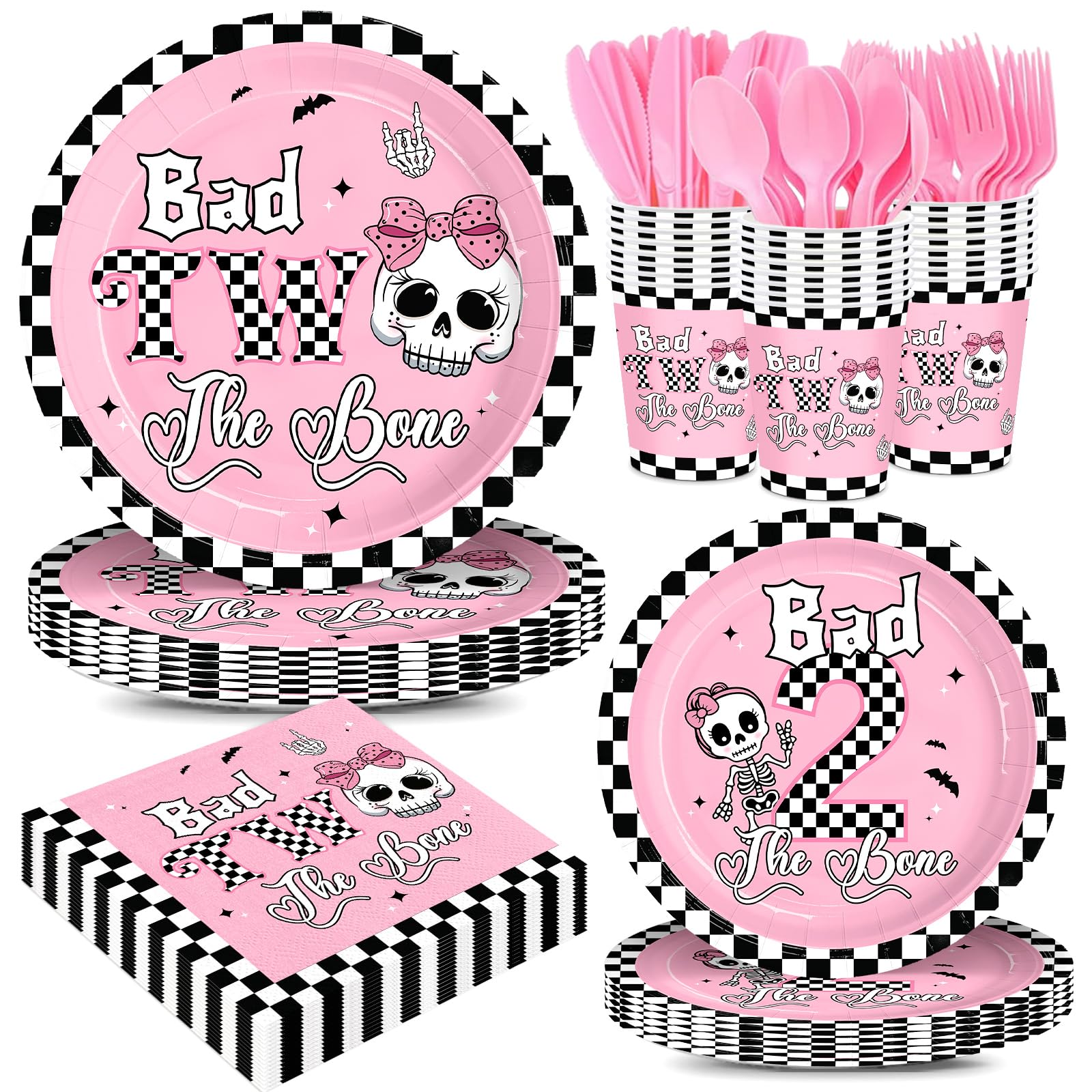 168pcs Bad Two The Bone Party Decorations Girl Plates Napkins Skeleton 2nd Disposable Paper Cups Pink Forks Halloween Party Supplies Tableware Set for Girls Birthday Serve 24