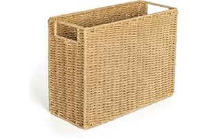 AELS Woven Natural Fibre Magazine Holder, Magazine Rack Floor, Hand-woven Magazine Organizer, Natural Paper Rope Magazine Basket with Handles, Boho Modern Farmhouse Book Basket, Newspaper Holder