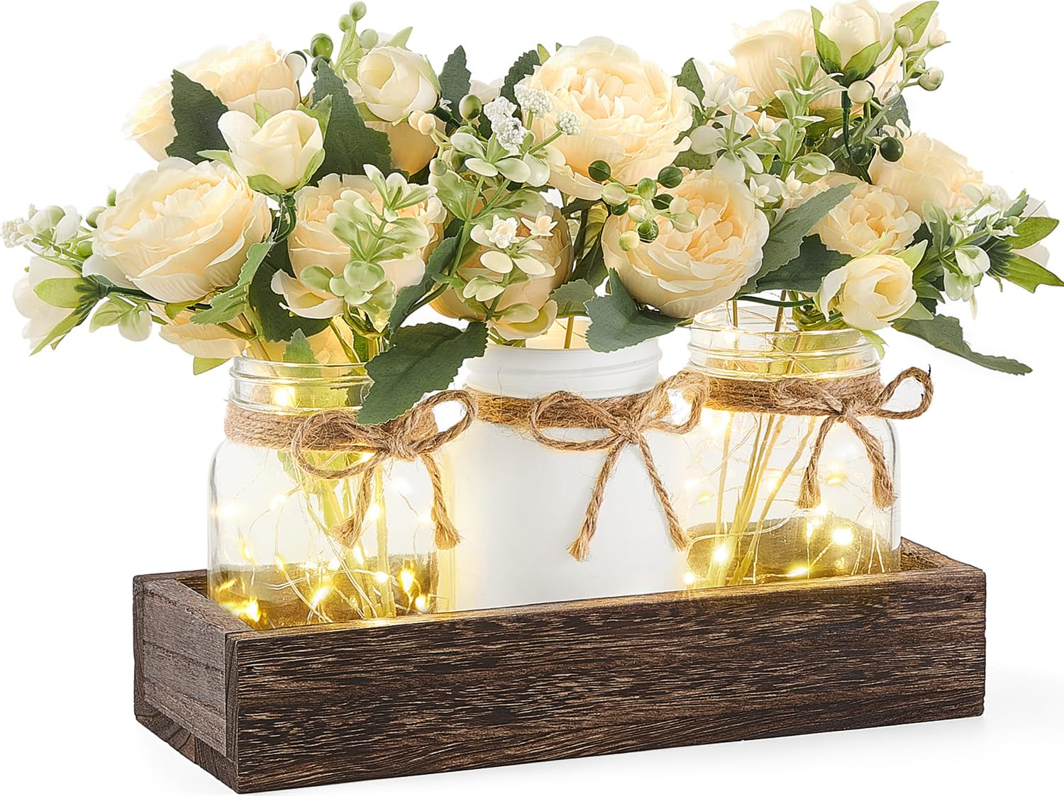 Photo 1 of Mkono Mason Jar Lights Centerpiece Table Decor for Dining Room Farmhouse Wood Tray with 3 Jars Flowers Fall Decoration for Coffee Table Kitchen Living Room Wedding