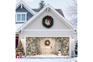 HOMETITUTE Christmas Garage Entryway Banner 13x6ft Gray Wall with Wooden Entryway Decoration Featuring Xmas Trees Snowman Gift BoxesSnowflakes and Lights for Outdoor Holiday Backdrop