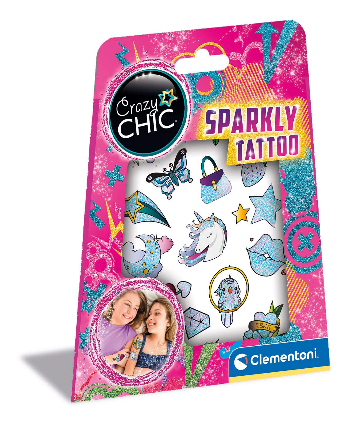 Clementoni - 18685 - Crazy Chic - Sparkly Tattoo - Temporary Tattoos For Kids, Tattoo Kit For Kids