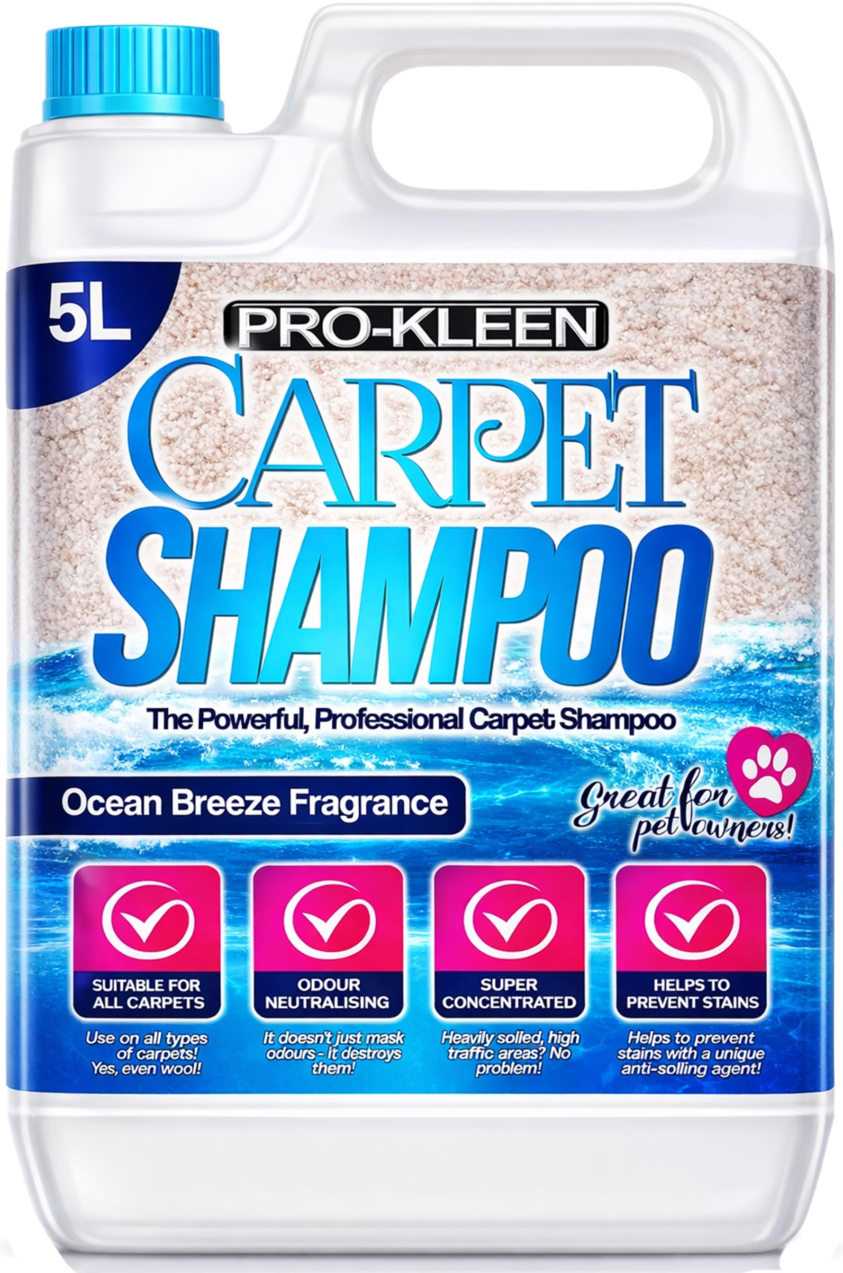 Pro-Kleen Professional Carpet & Upholstery Shampoo – Ocean Fresh Fragrance 5L - High Concentrate Cleaning Solution - Suitable for All Machines