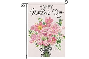 Louise Maelys Happy Mother's Day Garden Flag 12x18 Double Sided for Mom, Burlap Small Pink Floral Flower Yard Sign for Spring