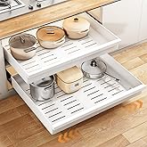 Pull out Cabinet Organizer, 2-Pack Expandable(13.6"-24") Silde out Drawers with Raising Pad for Framed Cabinets, Adjustable Full-Extension Adhesive Roll out Shelves for Kitchen Pantry Home Pot and Pan