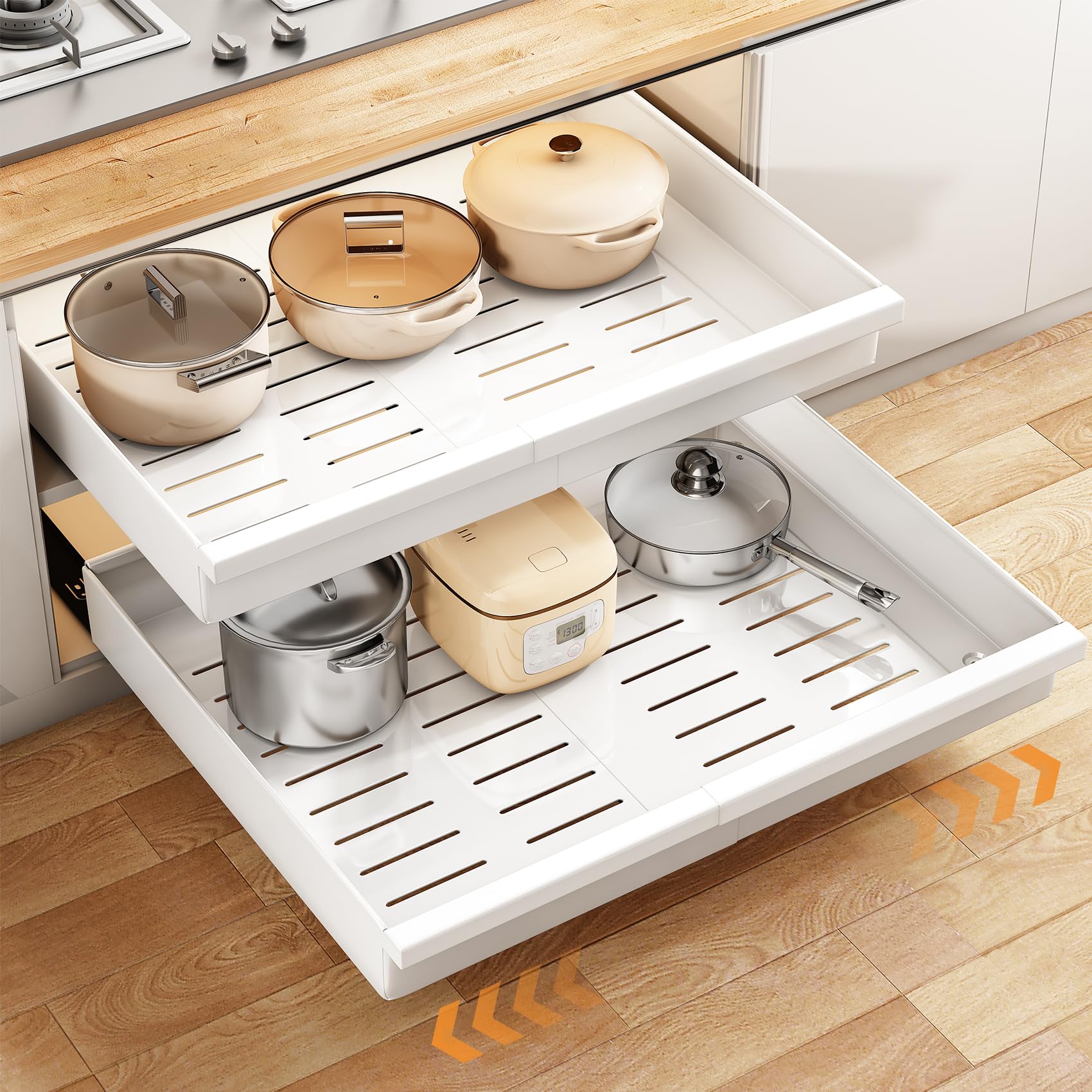 Photo 1 of Wider Pull out Cabinet Organizer, Expandable(13.6"-24") Heavy Duty Peel and Stick Roll out Drawer for Pots and Pans, Adjustable Adhesive No Drill Screw Slide out Shelf Storage for Home Kitchen Pantry