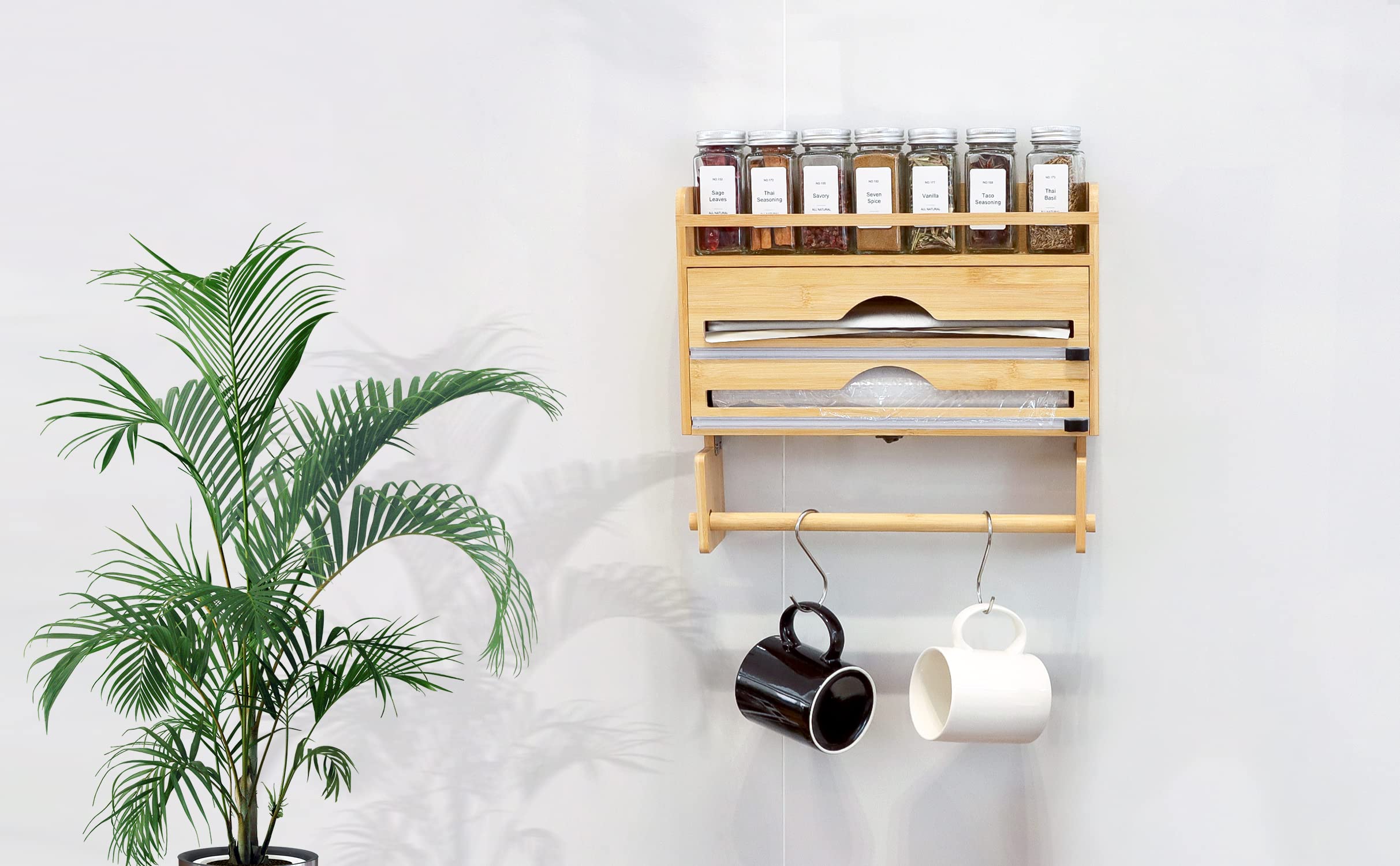 Foil and Plastic Wrap Organizer, Bamboo Aluminum Foil Dispenser with Paper Towel Holder, Compatible with Foil, Wax Paper, Kitchen Paper Towel and Spice Jars