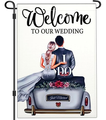 Gartenflagge "Just Married" - Doppelseitig, 12x18 Zoll, Aus Wetterfester Jute