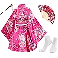 Japanese Anime Women's Dance Kimono Robe Fancy Dress Hand Held Silk Folding Fans Tabi Hairstick Socks Set