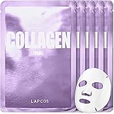 LAPCOS Collagen Sheet Mask, Firming Daily Face Mask with Collagen Peptides for Anti-Aging, Helps to Minimize Wrinkles, Restores Skin Elasticity & Firmness, Hydrating, Korean Beauty, 5-Pack