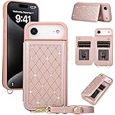 KYFSJPT Crossbody Wallet Case for iPhone 17 Air(6.6") with Detachable Strap - PU Leather Flip Folio with Card Slots & RFID Blocking, Sparkling Diamond Accents-Pink