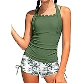HOTOME Girls Swimsuit 2 Piece Halterneck Cross Straps Girls Tankini Top Drawstring Prints Shorts Bathing Suit for Teens 9-16Y