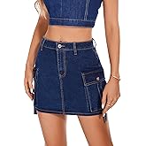 PEIQI Sexy High Waist Cargo Skirt for Women Stretchy Button Mini Cargo Denim Skirt with Pockets