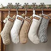 Christmas Stockings: 5 Pack 18 inch Farmhouse Plush Faux Fur & Cable Knitted Fireplace Xmas Stockings, Hanging Gifts Cozy Personalized Stocking Decorations for Family Holiday Décor, White Gray Beige