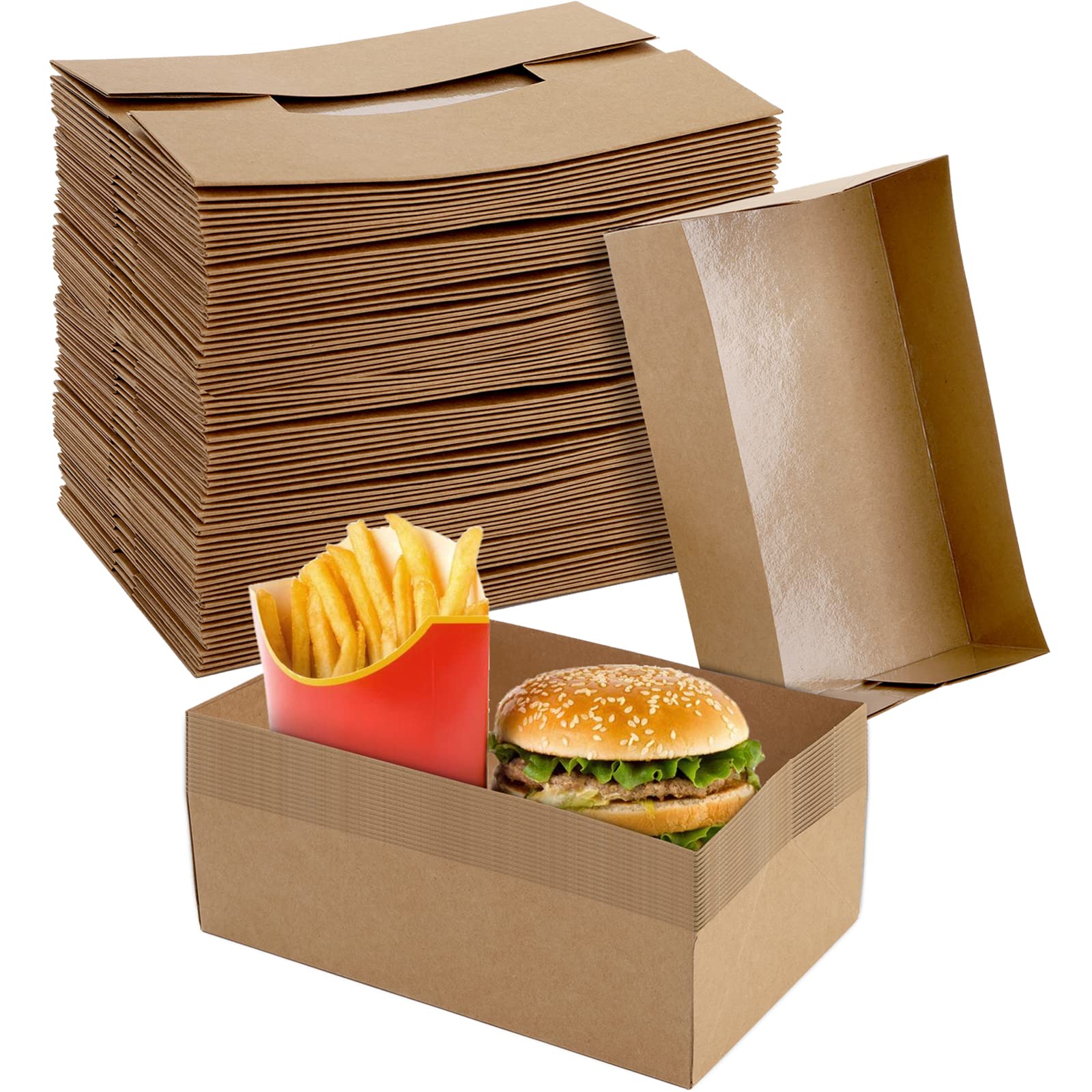 Photo 1 of DEAYOU 50 Pack Paper Food Trays, 4 Corner Pop Up Kraft Food Containers, Greaseproof Paperboard Food Box Tray for Party, Disposable Foldable Brown Fast Food Holders for Stadium, Theater, Nacho