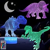 VSATEN Dinosaur Night Light for Kids, 3D Illusion Lamp 3-Pattern & 16 Colors Changing LED Dino Nightlight with Smart Touch & 