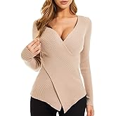 QUALFORT Women Fall Tops 2026 Sexy V-Neck Sweater Knit Wrap Tops for Women Slim Fit Pullover