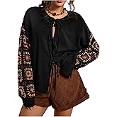 SHENHE Women's Plus Size Tie Front Cardigan Crochet Pachwork Loose Fall Knit Cardigan Sweater