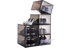 Attelite Shoe Box,Set of 6,Stackable Plastic Clear Shoe Box Organizer with Magnetic Door,Shoe Storage Box Thicken Sturdy,Easy Assembly,Fit up to US Size 12,Black