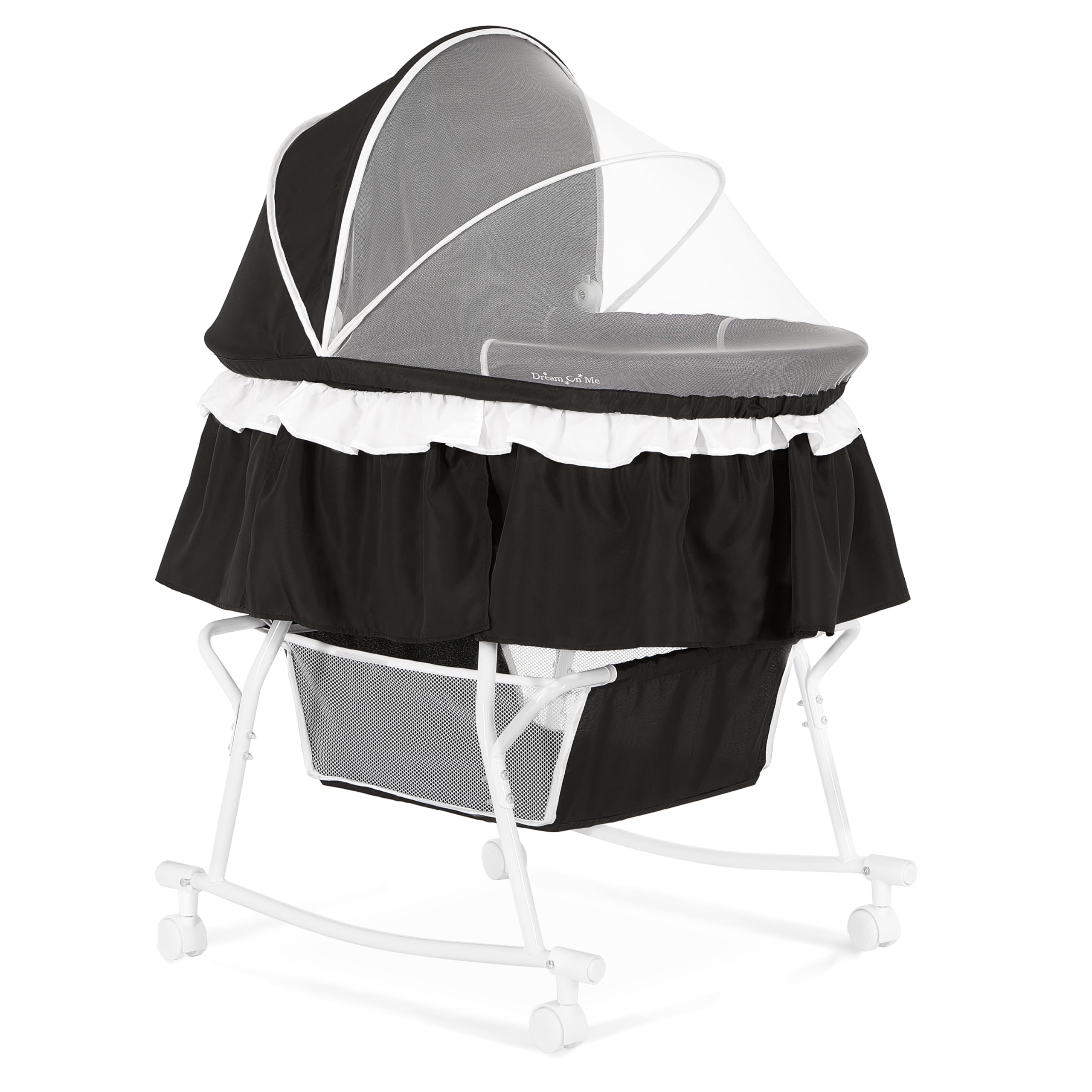 Dream On Me Lacy Portable 2-in-1 Bassinet & Cradle with Full Canopy, Storage Basket, Locking Wheels, Lightweight Frame, JPMA & BSA Certified, Includes 1” Mattress Pad - Black Image