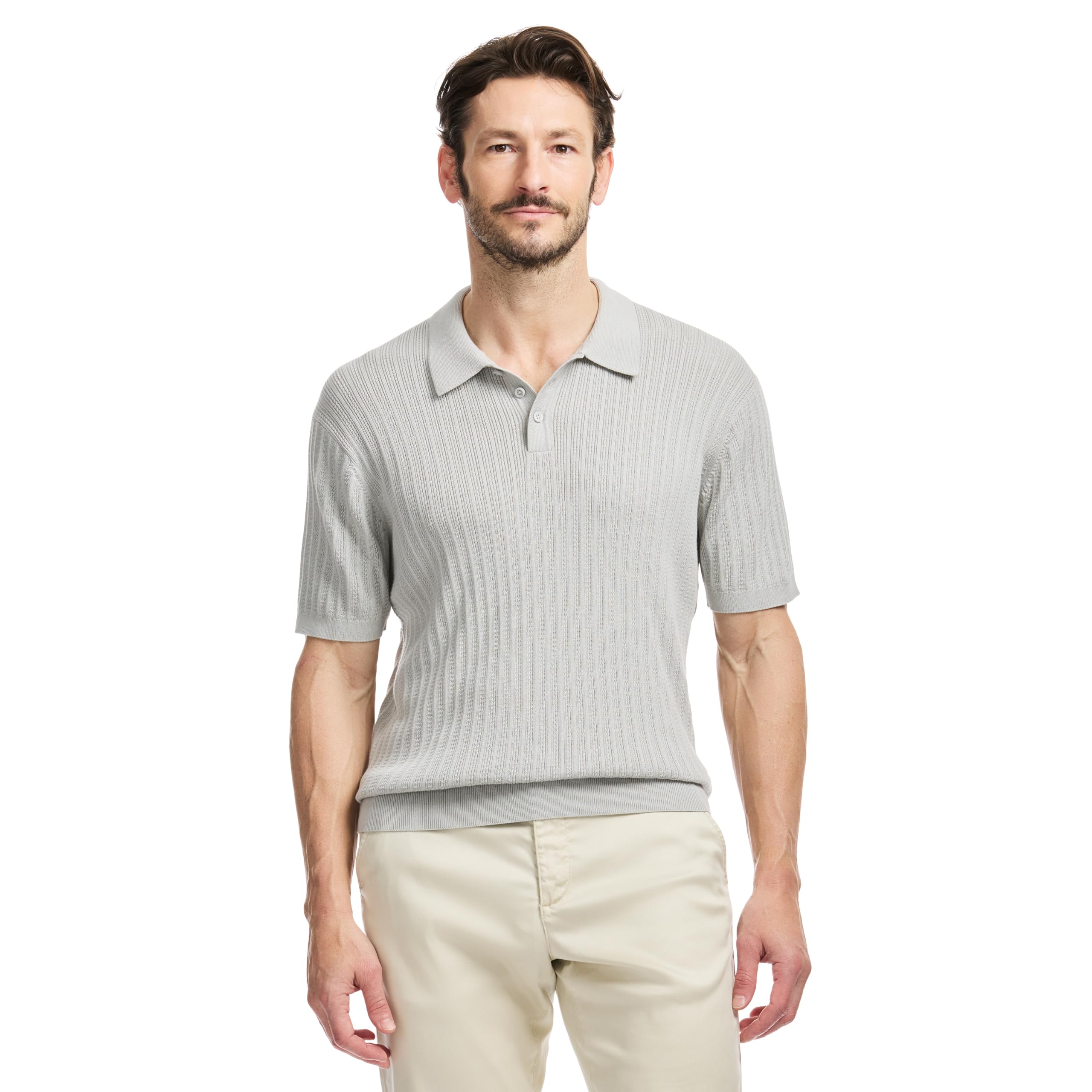 SAKS Fifth Avenue Men’s Short Sleeve Vertical Texture Rib Knit Sweater Polo, Premium Cotton Blend Knit Top, Classic-Fit & Richly Detailed, Wolf Grey, L