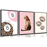 YUFXSTZV 3Pcs Pink Cheetah Wall Art Leopard Bow Print Painting Fashion Lucky 8 Ball Poster Leopard Lips Canvas Wall Decor Funky Preppy Room Aesthetic Picture for Girls Room Dorm Apartment Unframed