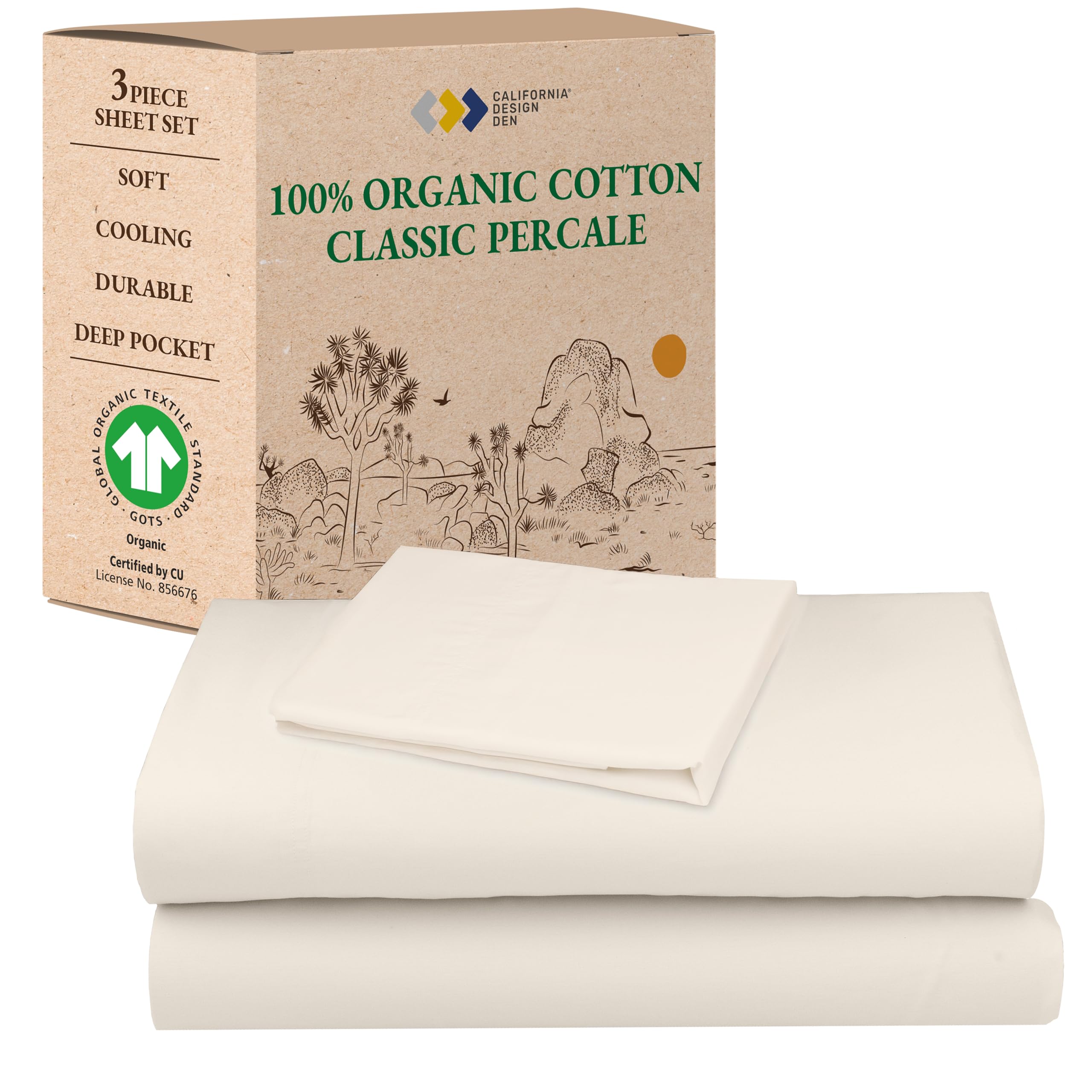 Photo 1 of California Design Den Twin Bed Sheets Set - Soft 100% Organic Sheets with Deep Pockets, Crisp Cotton Percale, Breathable and Durable Bedding Set - Ivory (Cream Tone)