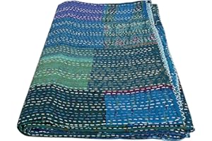 GDONLINE Indian Handmade Quilt Indian Silk Sari Kantha Quilted Patchwork, Silk Kantha Blanket Throw, Boho Vintage Bedspreads Sky Blue 60" x 40"