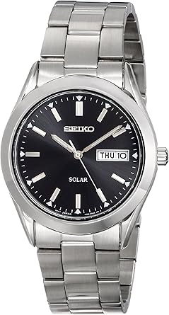 Seiko Mens Silvertone Black Dial Solar Calendar Watch